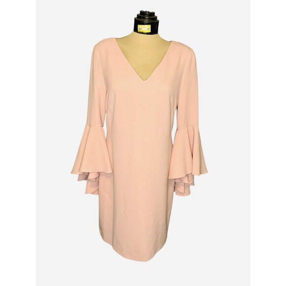 ELIZA J Pink Blush Ruffle V-Neck 3/4 Bell Sleeve Crepe Shift Sheath Dress 8 - Picture 2 of 8